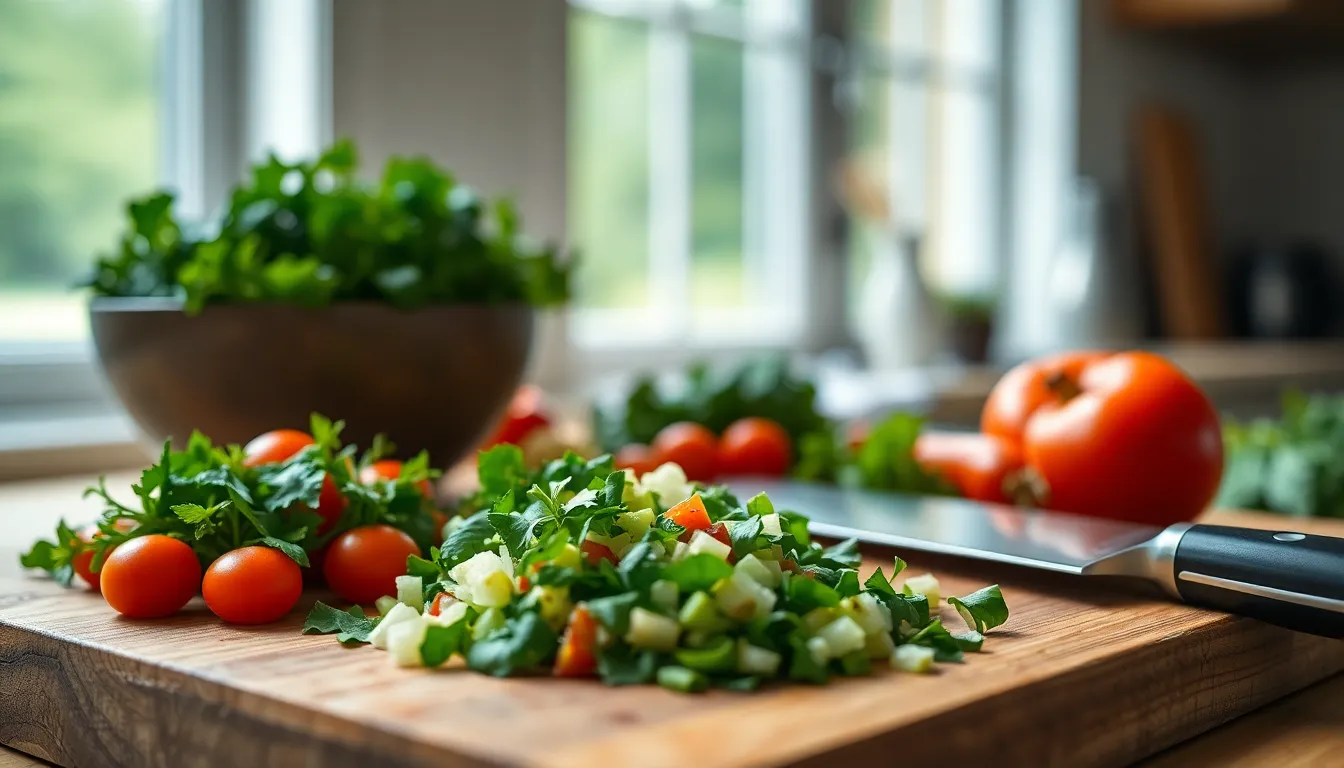 A vibrant and inviting kitchen scene showcasing fresh ingredients being prepared on a wooden cutting board. The warm tones from the wooden surfaces contrast beautifully with the bright colors of the diced vegetables and herbs. Soft, diffused daylight filters through the windows, creating a cozy atmosphere. The shallow depth of field emphasizes the intricate textures of the ingredients while blurring the background, drawing the viewer's attention to the culinary action.
