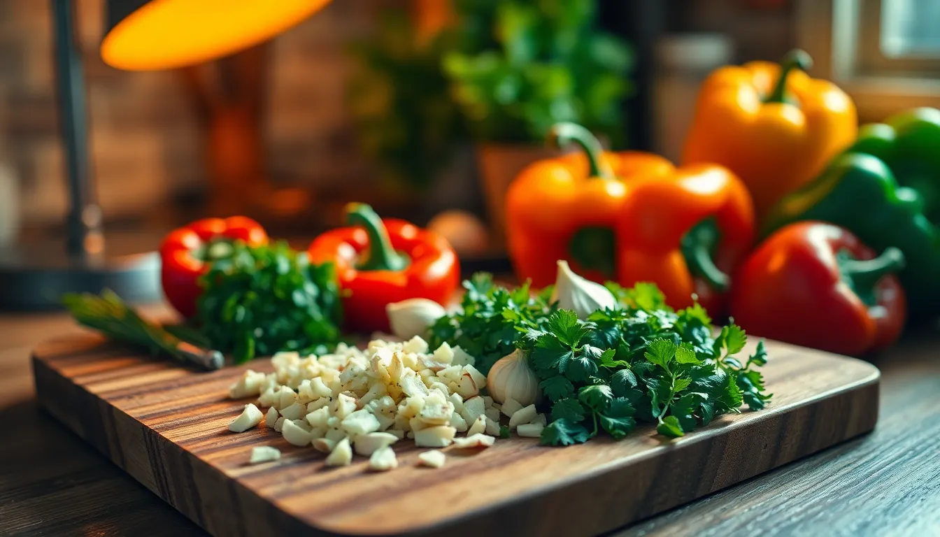 This image showcases a wooden cutting board adorned with freshly chopped herbs, vibrant bell peppers, and cloves of garlic. Warm tungsten lighting creates a cozy ambiance, highlighting the rich colors and textures of the ingredients. The shallow depth of field helps focus attention on the vivid greens and reds, making the scene feel inviting and lively. The composition draws the viewer's eye across the ingredients, perfect for cooking enthusiasts and food bloggers.