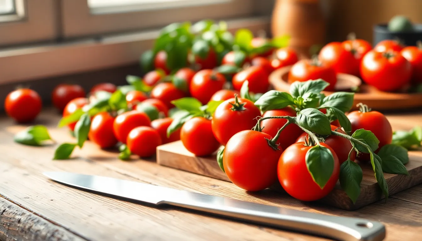 This image captures the essence of cooking with fresh ingredients displayed on a rustic wooden kitchen table. The vibrant reds of the tomatoes contrast beautifully with the lush greens of the basil, all illuminated by soft morning light. The shallow depth of field enhances the textures, creating a warm and inviting atmosphere, perfect for culinary inspiration.