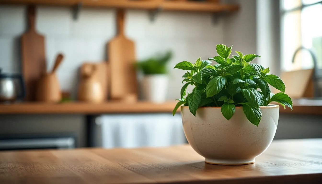Fresh Herbs in Inviting Kitchen Setting This inviting kitchen scene captures a rustic wooden countertop adorned with a bowl of fresh herbs. Natural daylight pours through a nearby window, illuminating the vibrant greens of basil and parsley. The clean composition draws the eye to the herbs, while the softly blurred kitchen background creates a warm, homey feel. Texture details include fine wood grain and the glistening water droplets on the leaves, enhancing the overall freshness of the scene.