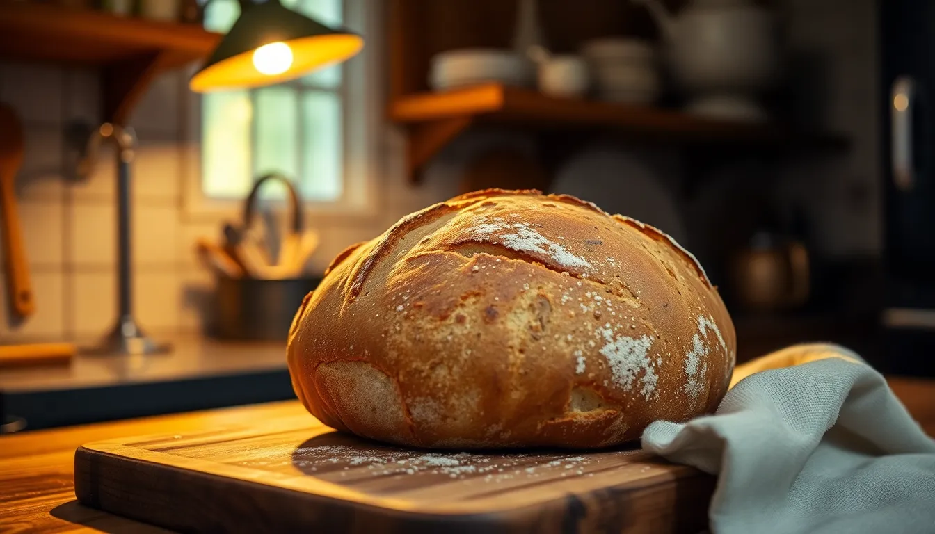 This image captures a beautifully baked sourdough bread resting on a rustic kitchen countertop. Warm light from a tungsten lamp highlights the crusty exterior and soft, airy interior of the bread. The warm browns and earthy tones evoke a cozy atmosphere, making the scene inviting and intimate. The careful arrangement of props, including a weathered cutting board and a linen cloth, enhance the texture and character of the image, perfect for food lovers.