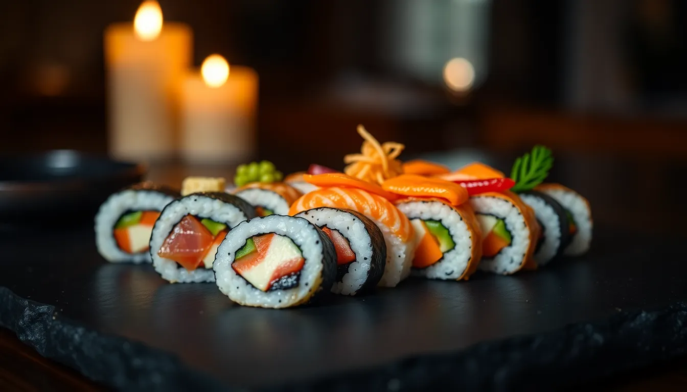 This elegant sushi display is beautifully captured under soft candlelight, which creates a magical ambiance. The intricate details of the sushi rolls are highlighted with a macro lens, showcasing the fresh ingredients and artistry in each piece. The warm highlights against the deep slate background evoke a sense of luxurious dining, perfect for sushi lovers and culinary fans alike.
