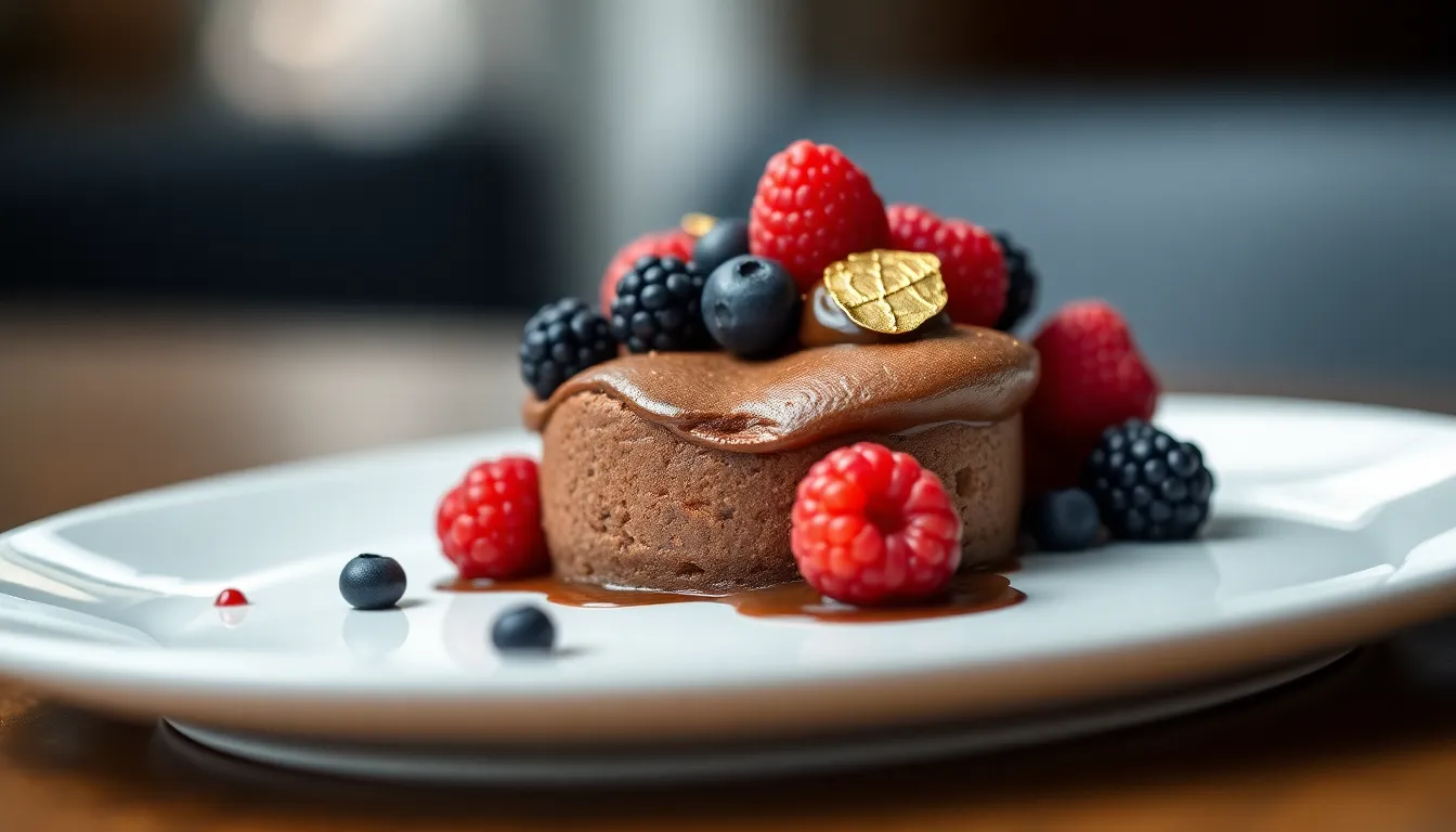 This captivating close-up image features a luxurious chocolate mousse dessert adorned with edible gold leaf and fresh berries. The lush textures of the mousse are beautifully highlighted under soft, diffused daylight, creating an inviting and indulgent atmosphere. The rich dark tones of the mousse contrasted with vibrant red berries evoke a sense of culinary elegance. Perfect for dessert lovers and food enthusiasts, this image captures the art of fine dessert presentation.
