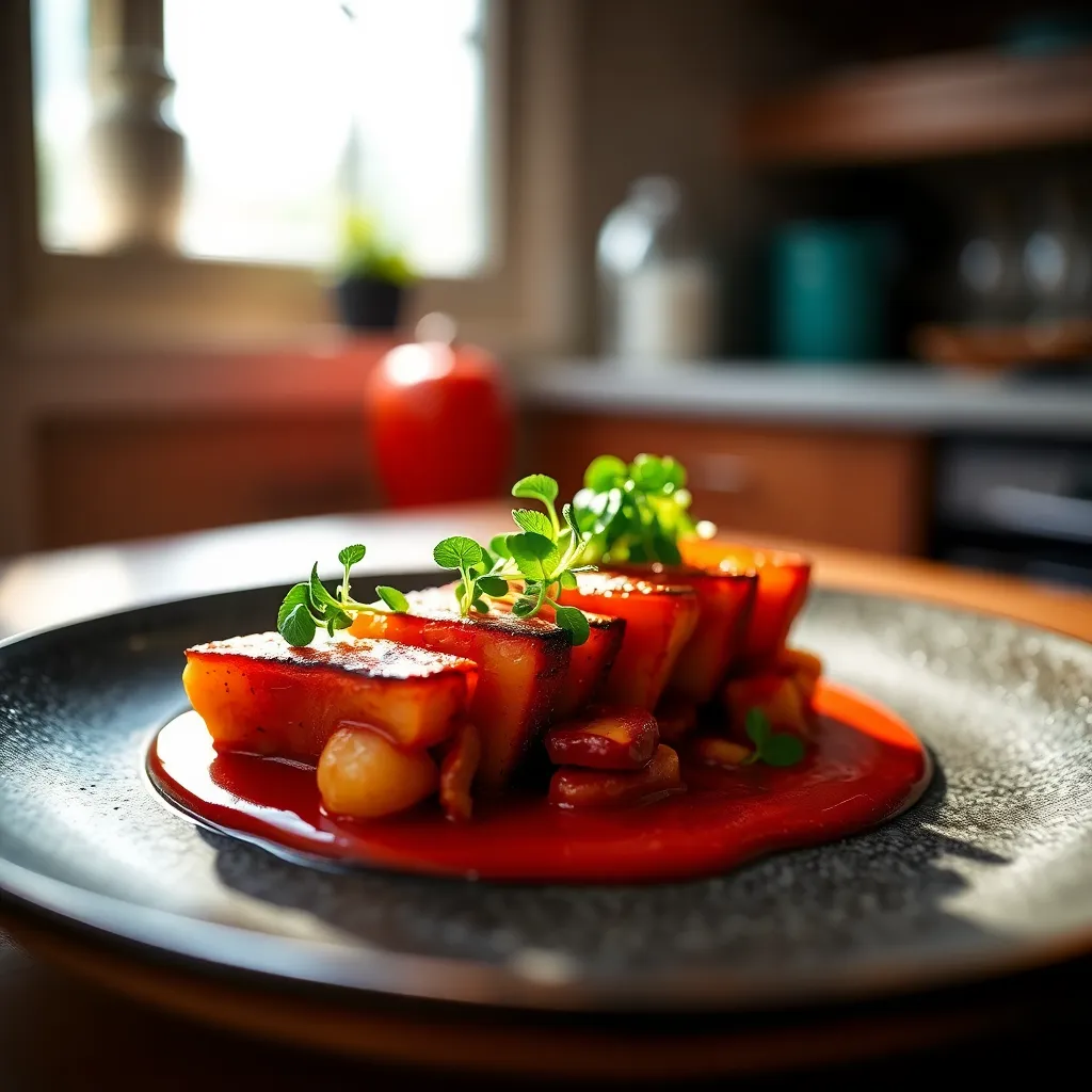 This close-up image showcases an exquisitely plated gourmet dish, beautifully arranged on a textured ceramic plate. The vibrant reds and greens of the ingredients pop against the soft morning light filtering through a kitchen window. The shallow depth of field highlights the intricate details of the plating, while the microgreens add an elegant touch. This image captures the artistry and precision that goes into gourmet cooking.