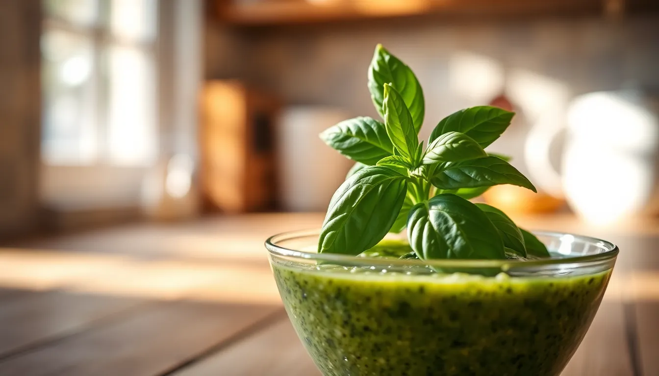 This beautiful image captures the essence of culinary creativity with a close-up of fresh basil leaves and a vibrant pesto sauce on a rustic wooden countertop. Soft morning light enhances the rich greens and warm tones, creating an inviting atmosphere. The shallow depth of field draws focus to the basil while the textural details of the wooden surface add warmth and authenticity to the scene.