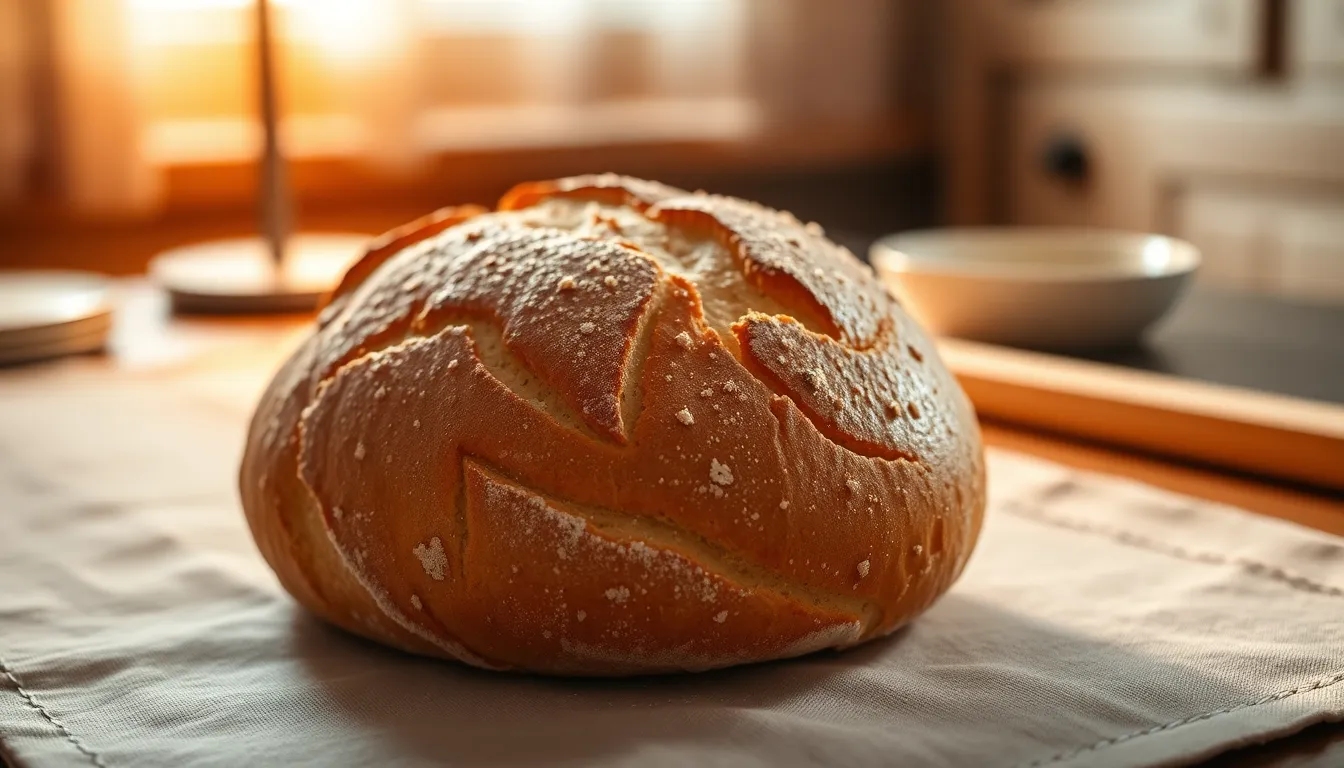 This image captures a stunning close-up of freshly baked sourdough bread, showcasing its golden crust and soft interior. Illuminated by warm tungsten light, the bread's texture is highlighted beautifully against a soft linen backdrop. The shallow depth of field draws the viewer’s eye to the delicious details, evoking a warm, inviting atmosphere perfect for any culinary publication.