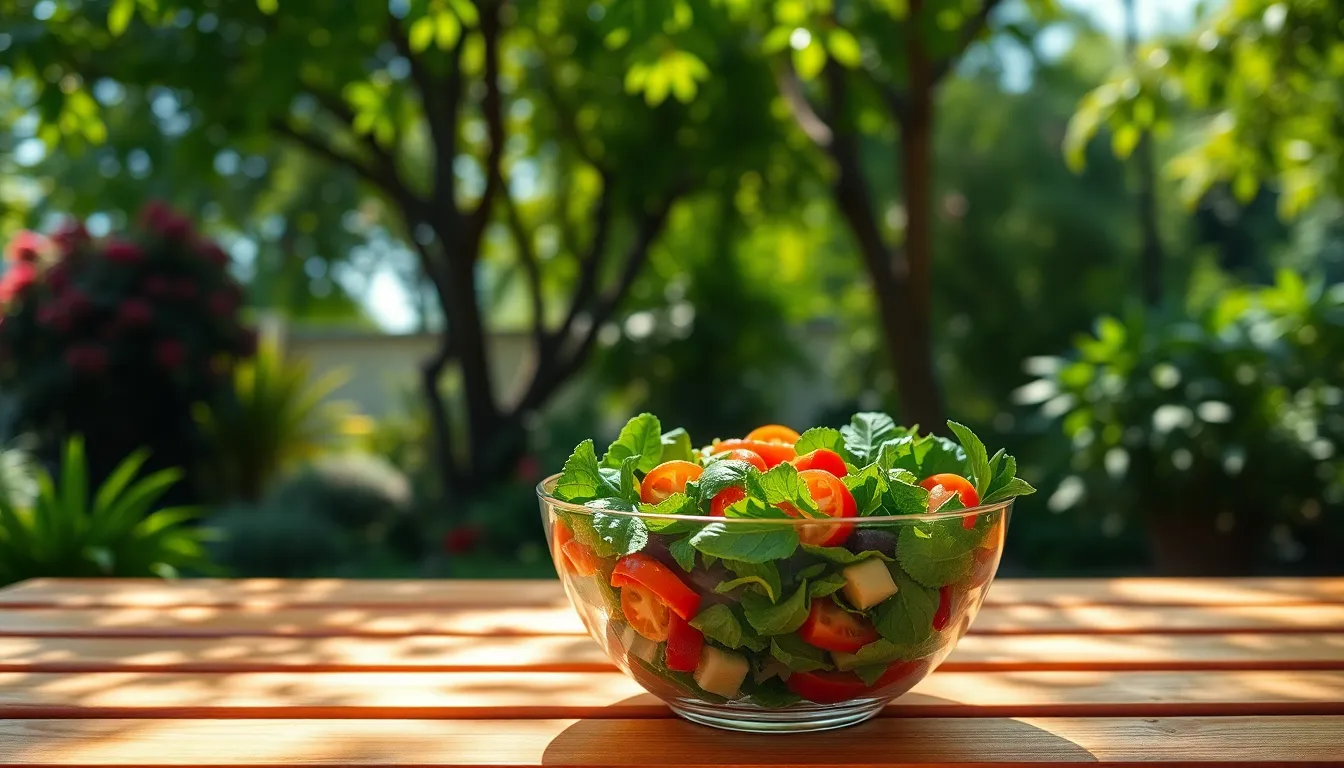 This beautiful image captures a vibrant salad bowl brimming with fresh vegetables, all illuminated by dappled sunlight spilling through a lush garden canopy. The rich colors of the ingredients pop against the textured wooden table, inviting viewers to indulge in healthy eating. This visually striking image is perfect for health-focused publications and food-related social media content.