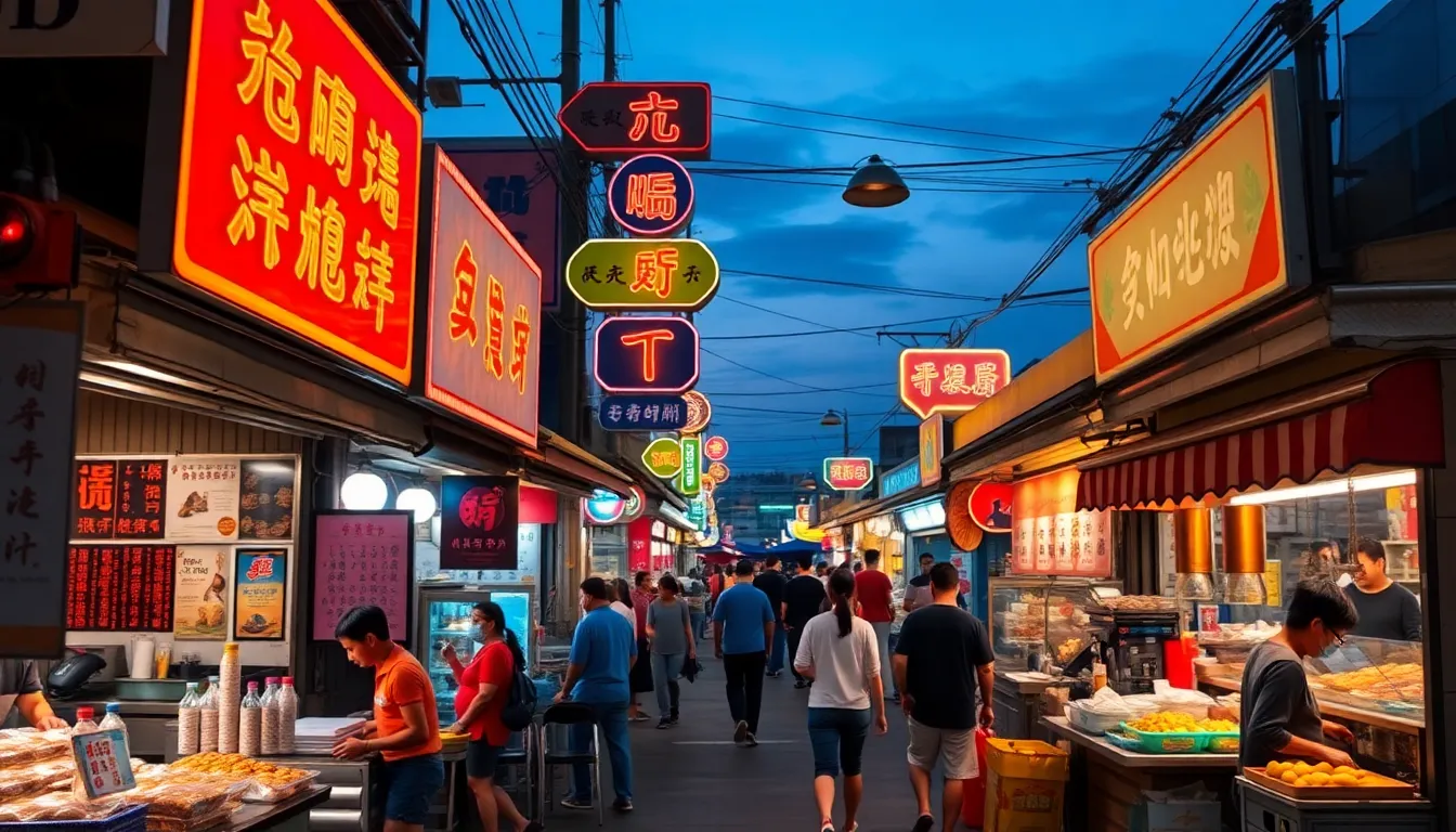 This vibrant scene captures the essence of a bustling street food market at dusk, filled with colorful food stalls bathed in warm neon lights. The lively atmosphere is enhanced by the rich array of neon colors, inviting viewers into the experience. The hyperfocal depth of field keeps both foreground and background in focus, making the details of both the food and the lively crowd pop.