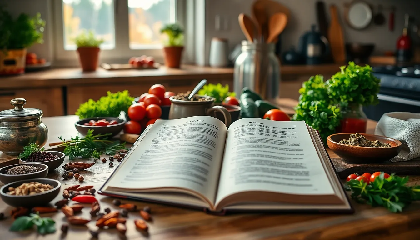 This delightful image captures the essence of culinary exploration with an open cookbook resting on a kitchen table. Surrounding it are vibrant spices and fresh herbs that invoke a sense of creativity and warmth. The warm daylight enhances the natural colors, creating a comforting, inviting ambiance. The shallow depth of field keeps the focus on the pages of the cookbook while the blurred background hints at the bustling kitchen environment, perfect for inspiring home cooks.
