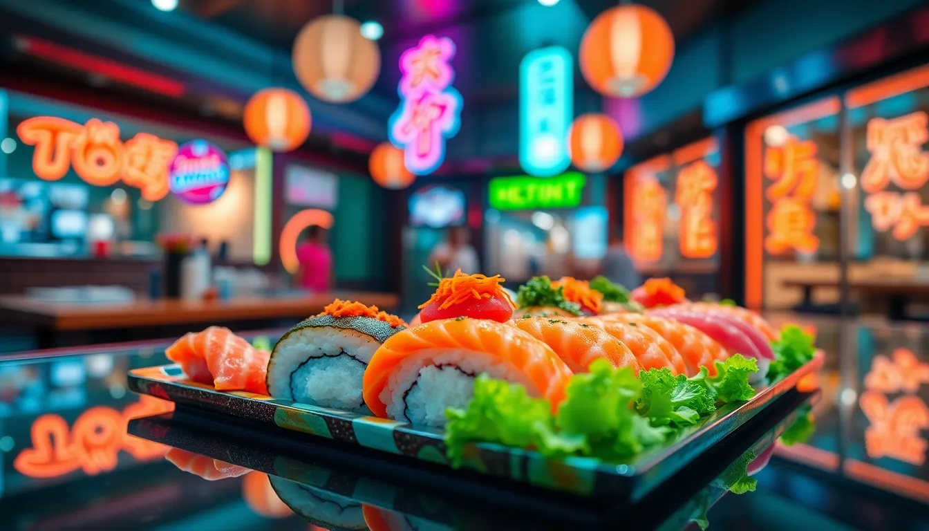 This stunning image captures a vibrant sushi platter, elegantly arranged on a sleek glass countertop with neon reflections adding a modern flair. The selective focus emphasizes the fresh sashimi and colorful garnishes, making them pop against the blurred background. The cinematic color grading enhances the inviting atmosphere, drawing viewers into a contemporary dining experience filled with flavor.