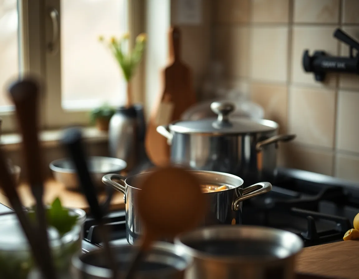 In a warm and cozy home kitchen, a pot of soup simmers on the stove, exuding an inviting aroma. Soft natural light filters through a nearby window, casting gentle highlights on the scene. The shallow depth of field beautifully blurs the kitchen's background, enhancing the visual focus on the pot filled with colorful vegetables and herbs. This image captures the comforting essence of home cooking.