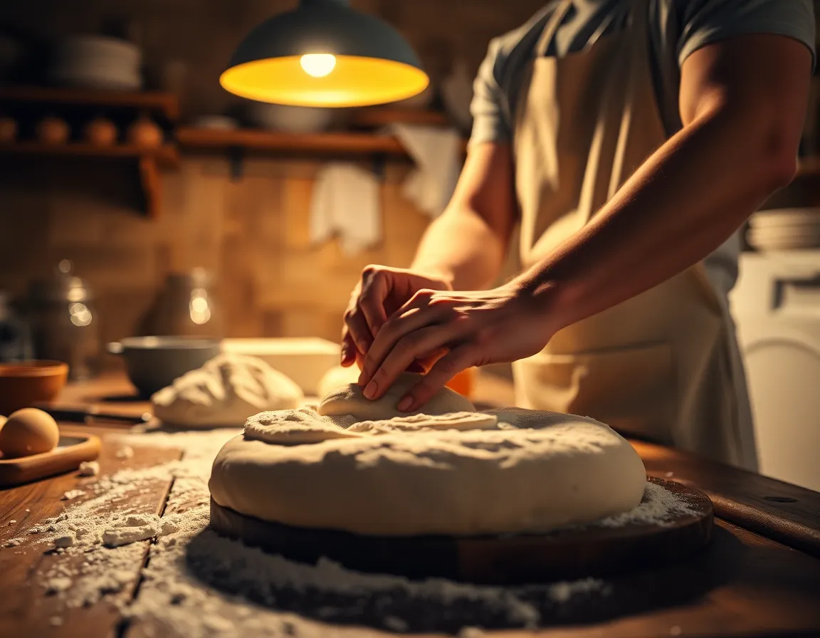 Home Baker Kneading Dough in Rustic Setting This charming image captures a baker in action, kneading dough on a rustic wooden table with warm tungsten lighting enhancing the cozy ambiance. The inviting shadows and soft textures of flour create an atmosphere of comfort and creativity. With the shallow depth of field, the focus remains on the baker's hands, while the softly blurred background adds a layer of warmth. This scene evokes a nostalgic feeling of home baking, perfect for culinary enthusiasts.