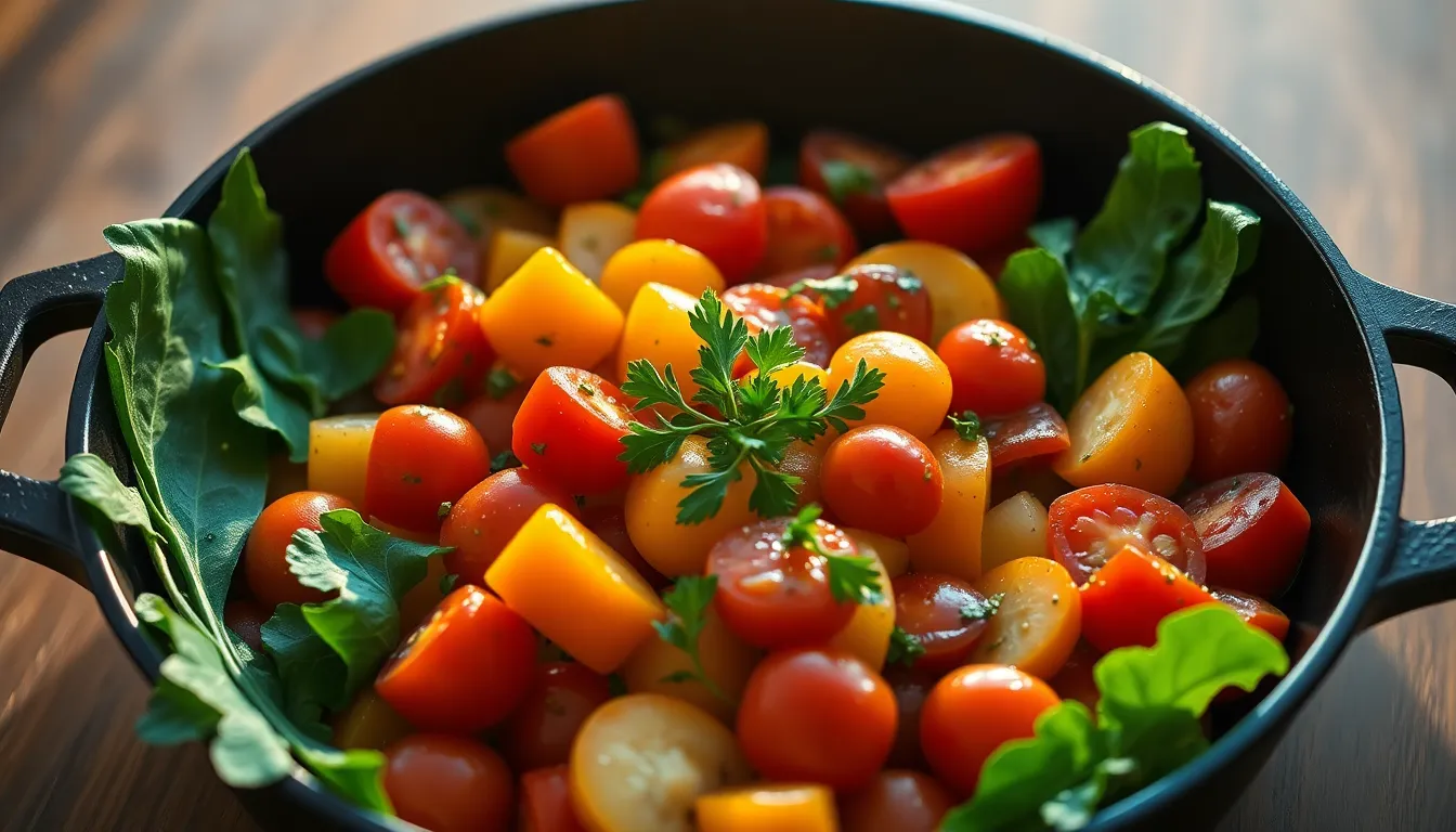 Fresh Vegetable Medley in Skillet A beautifully arranged medley of fresh vegetables in a cast iron skillet, captured during golden hour. The warm backlighting creates a stunning rim light effect, enhancing the vibrant colors of the vegetables. Fresh herbs are sprinkled on top, adding a pop of green that contrasts elegantly with the rich tones of the skillet. The symmetrical composition draws the eye to the center of this culinary delight, inviting viewers to explore the textures and colors.