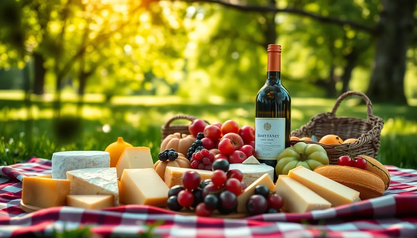 This charming outdoor image captures a delightful picnic spread featuring an assortment of cheeses, fresh fruits, and a bottle of wine. Dappled sunlight filters through the trees, creating a warm and inviting atmosphere. The vibrant colors contrast beautifully with the lush greenery of the setting, making the scene feel alive and enjoyable. The shallow depth of field provides a soft background, enhancing the focus on the picnic arrangement. Perfect for lifestyle and food-related content.