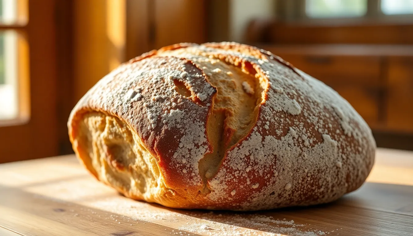 A stunning close-up of a freshly baked artisan loaf of bread, capturing the beauty of its crust and intricate texture. Bathed in soft, natural light, the warm tones enhance the inviting look of the bread, making it irresistible. This image serves as an excellent visual for baking blogs and cookbooks, showcasing the craftsmanship of homemade bread.