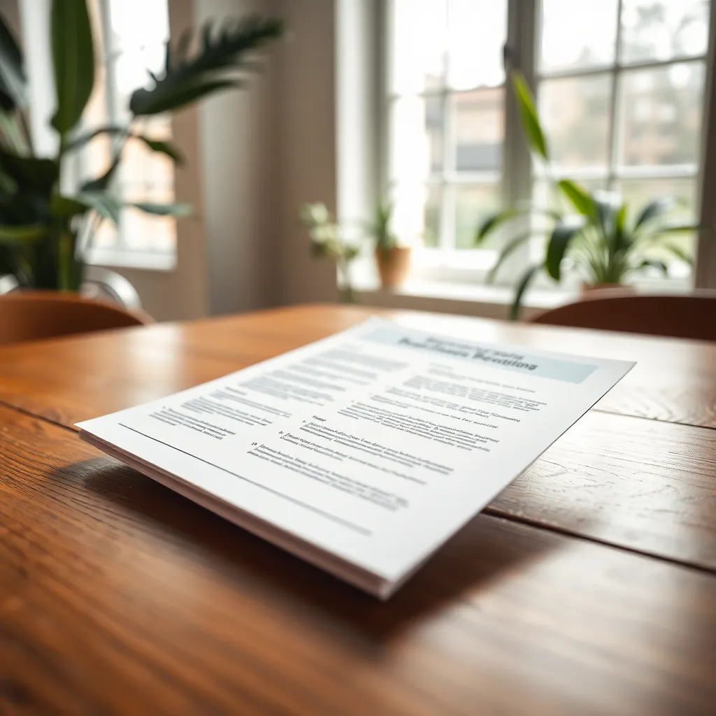A detailed close-up image of a professional handout placed on a richly textured wooden table. Soft light enhances the colors and clarity of the document, creating an inviting and warm atmosphere. Blurry green foliage in the background hints at an office environment, while the focus on the handout showcases its relevance to a corporate meeting. This image is ideal for capturing the essence of business communication.