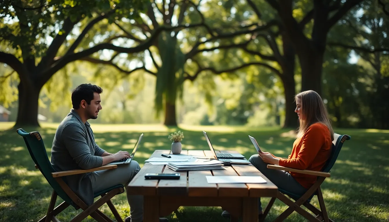 Creative Professionals at Outdoor Meeting In a serene outdoor setting, three creative professionals gather around a sustainable wood table, engrossed in discussion with laptops and documents. The dappled sunlight filters through the surrounding tree canopy, creating a warm, inviting atmosphere. Soft green bokeh in the background enhances the relaxed mood, while the natural muted tones of their clothing reflect harmony with their surroundings. The composition utilizes natural elements to draw the viewer’s eye towards the engaged individuals.