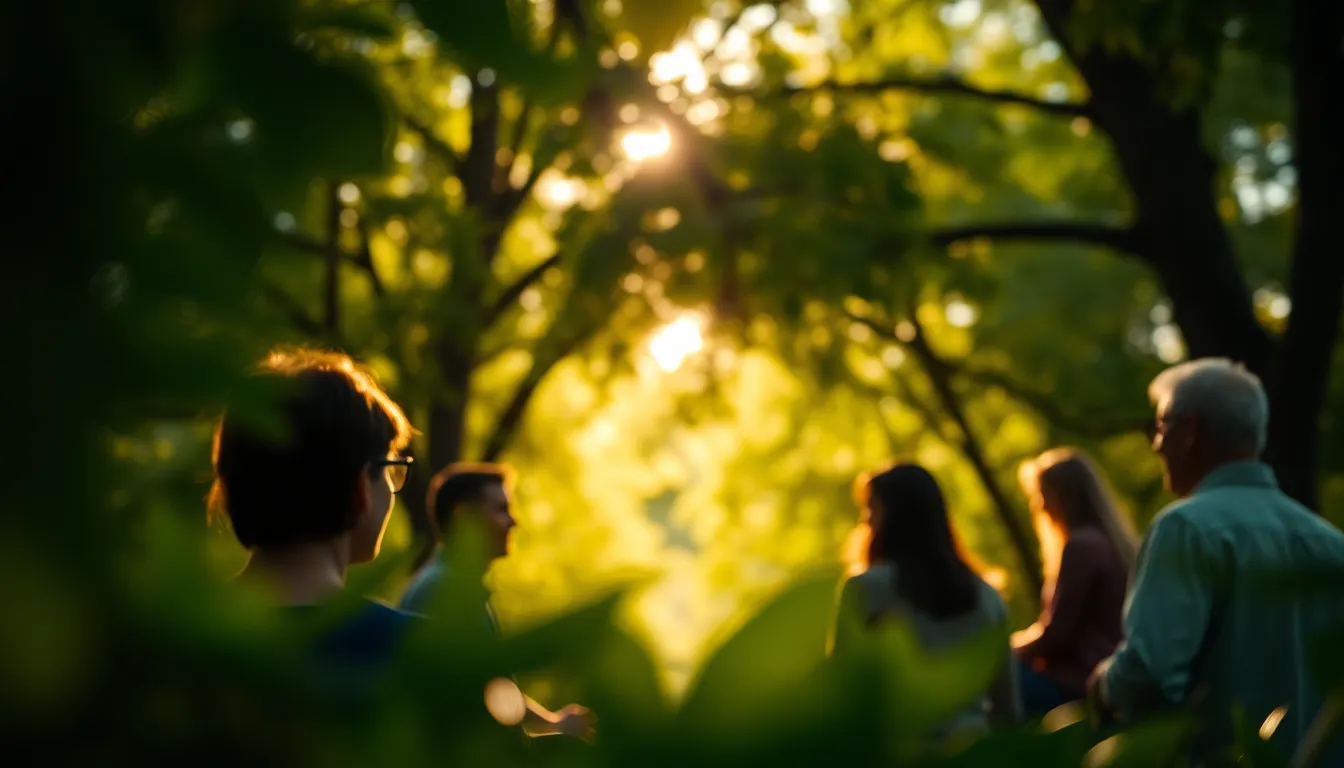 In a lush outdoor setting, team members engage in thoughtful discussions during a corporate retreat. Dappled sunlight filters through the tree canopy, creating an enchanting atmosphere filled with vibrant greens and warm earth tones. The framing through surrounding foliage adds depth and context, transforming this moment into a celebration of teamwork and collaboration in nature.