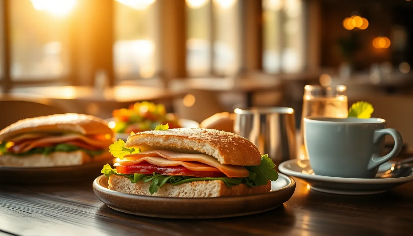 An elegant business lunch setting featuring a beautiful arrangement of artisan sandwiches, fresh salad, and gourmet coffee. The golden hour backlighting casts a warm glow, highlighting the details of the food with a soft bokeh background. The warm gold tones enhance the inviting atmosphere, while the rustic wooden table adds texture to the scene. The composition captures the elegance and professionalism of a corporate dining experience.