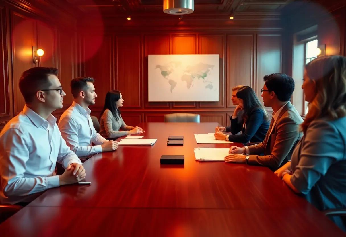In this warm and inviting image, a corporate meeting unfolds within a beautifully designed wooden boardroom, illuminated by warm tungsten lighting. Participants engage in thoughtful discussion, with their colors and textures harmoniously blending into the elegant setting. The shallow depth of field enhances the overall serenity of the space, allowing the viewer to focus on the interaction happening at the center of the table. This image perfectly encapsulates the essence of professionalism within a cozy environment, making it ideal for business-related themes.
