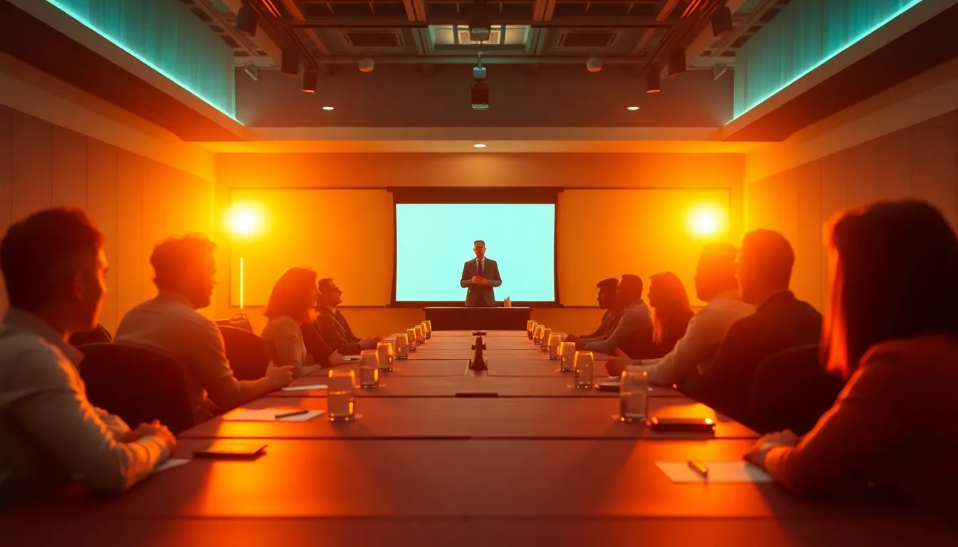 During a golden hour corporate training session, a dynamic speaker is seen engaging with attentive participants seated at a long conference table. The elegant lighting creates a warm rim light effect, enhancing the professional atmosphere. The carefully arranged seating and the speaker's animated gestures create an engaging visual narrative, reflecting a moment of learning and collaboration.