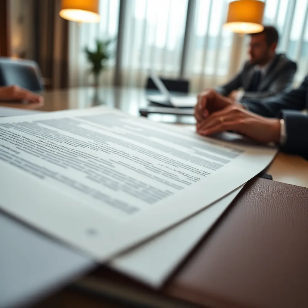 This image presents a compelling close-up of a corporate document being examined during a meeting. The intricate details of the text stand out sharply against a softly blurred background, drawing attention to the importance of the material. Practical warm lighting from a desk lamp creates a focused ambiance, enhancing the professionalism of the scene. Muted colors and smooth textures contribute to a sophisticated depiction of corporate life.