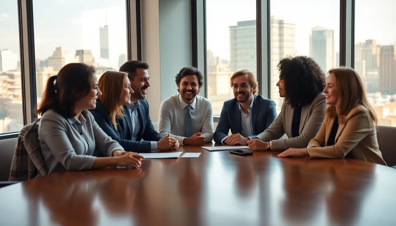 A diverse group of professionals engaged in a vibrant discussion around a conference table in a modern office setting. Soft, diffused daylight filters through large windows, illuminating their expressions and the polished wooden table. The image captures a dynamic interaction, with a bustling cityscape as a backdrop, adding a professional ambiance. The warm color tones enhance the overall inviting atmosphere of the meeting.