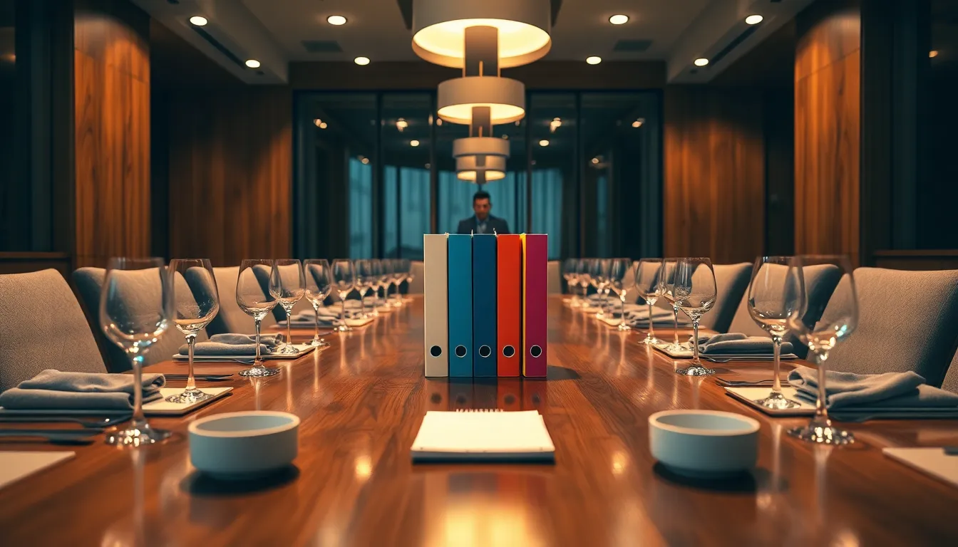 This image features an elegant overhead view of a corporate table setting, ideal for meetings and professional gatherings. Warm tungsten lighting creates a cozy glow, highlighting the polished wood and glass textures that reflect professionalism and attention to detail. The arrangement includes colorful binders and notepads at the center, symbolizing organization and planning. This photograph successfully conveys a sophisticated corporate environment, perfect for showcasing business meetings.