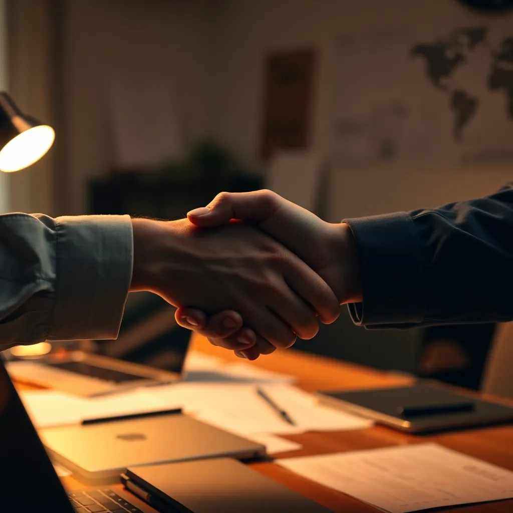 This close-up image captures a moment of agreement in a corporate setting, featuring a handshake between two professionals. The warm, practical lighting creates an inviting and authentic atmosphere while the background with paperwork and laptops adds context. The shallow depth of field isolates the handshake beautifully, drawing the viewer's attention to this key gesture of partnership. The muted color palette enhances the professionalism of the image.