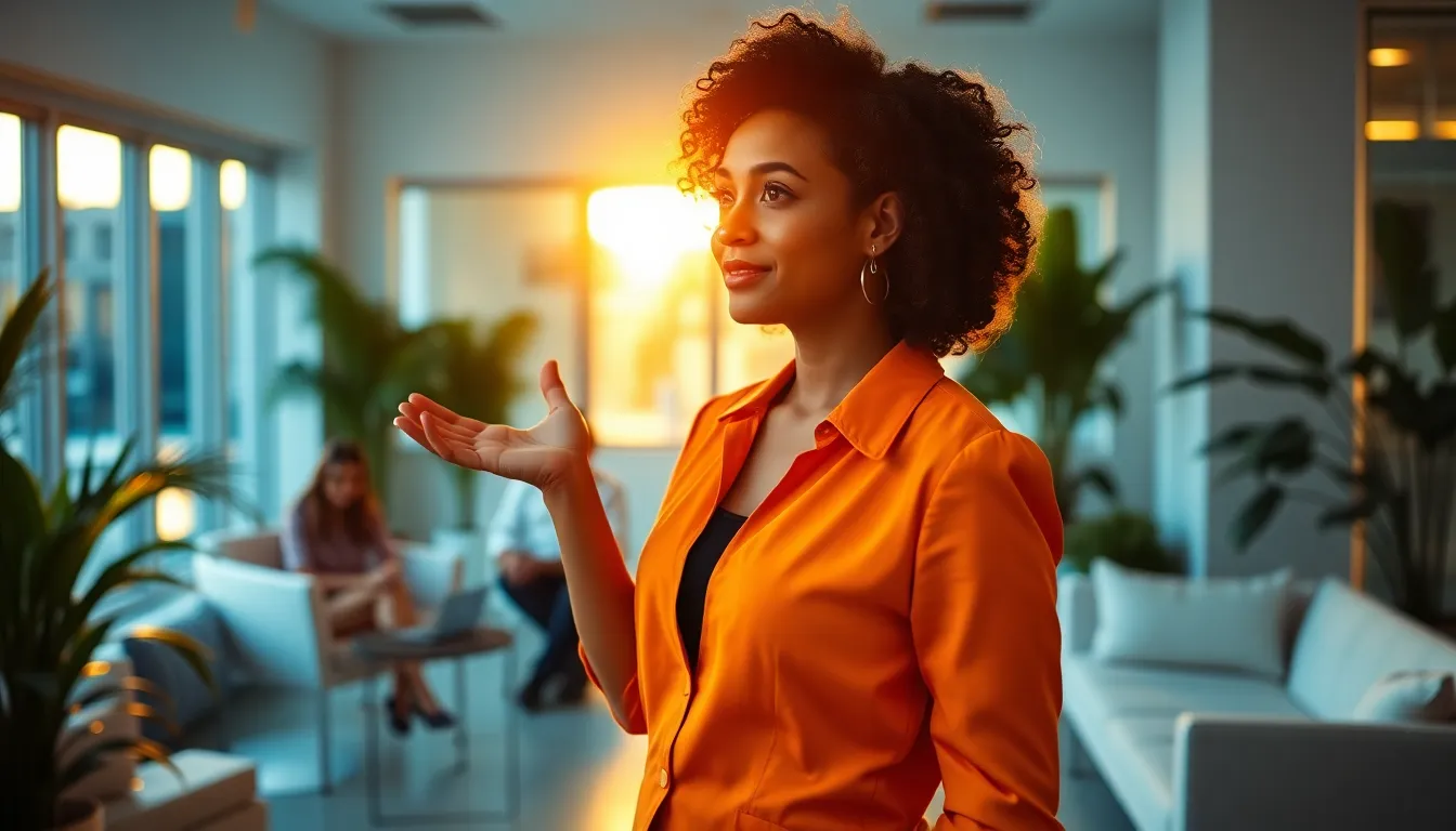 The image captures a dynamic presentation led by a woman in a stylish office during golden hour. Warm backlighting highlights her features as she passionately engages her colleagues in a brainstorming session. The composition emphasizes her confident pose against a chic backdrop of lush plants and modern furniture. The warm color palette and soft textures create an inviting and energetic atmosphere suitable for corporate settings.