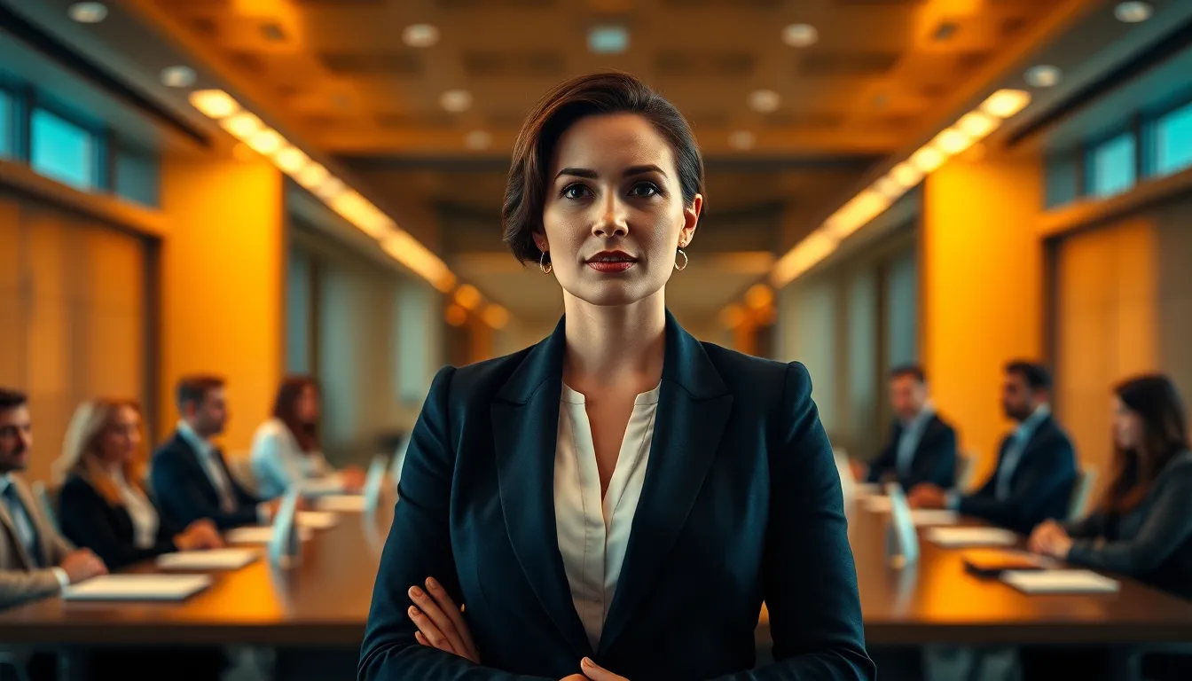 This image showcases a powerful moment during a corporate presentation. A professional woman stands confidently in a modern boardroom, illuminated by warm overhead lights that enhance the atmosphere. The sharp focus on her expression reveals determination, while her colleagues blend into the background softly, emphasizing her leadership. Rich color tones enhance the mood of inspiration and professionalism, making this an ideal representation of corporate dynamics.