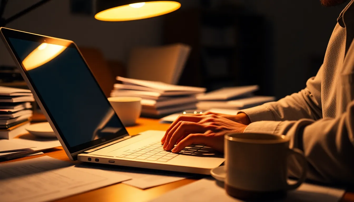 A close-up shot of a professional’s hands typing on a laptop surrounded by documents and a cup of coffee, illuminated by a warm tungsten desk lamp. The warm glow and creamy background highlight the details of the busy desk environment. The intimate focus on the hands conveys a sense of productivity and dedication, while the textures of paper and the laptop add depth to the scene. This image encapsulates the essence of modern corporate life.