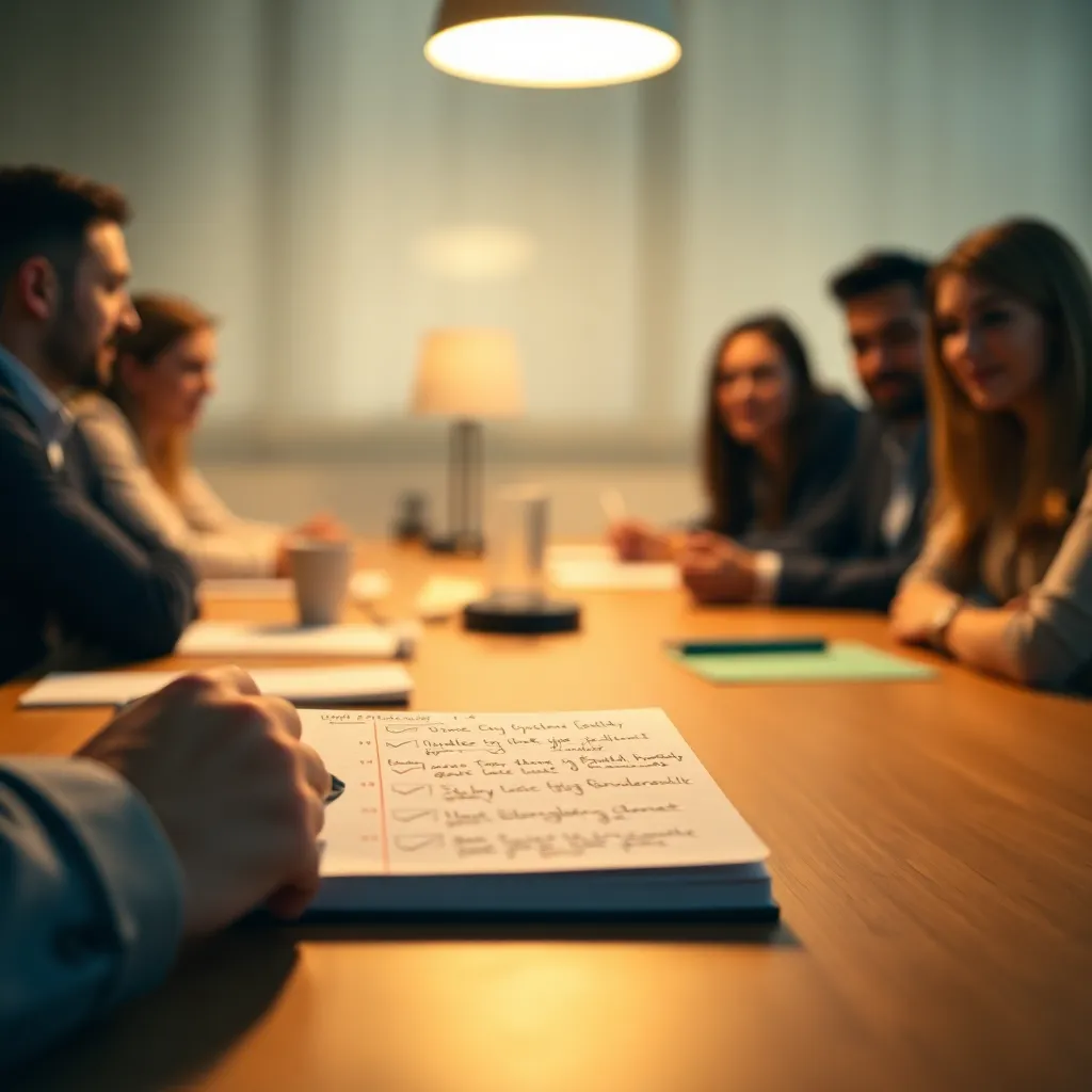 A close-up of a notepad filled with handwritten notes is presented in a soft, warm-lit environment. In the background, blurred colleagues are engaged in a dynamic meeting, reflecting the enthusiasm of brainstorming ideas. The rich textures of the papers and the warm glow of the desk lamp create an intimate atmosphere. This image captures the essence of creativity and focus in a corporate setting.
