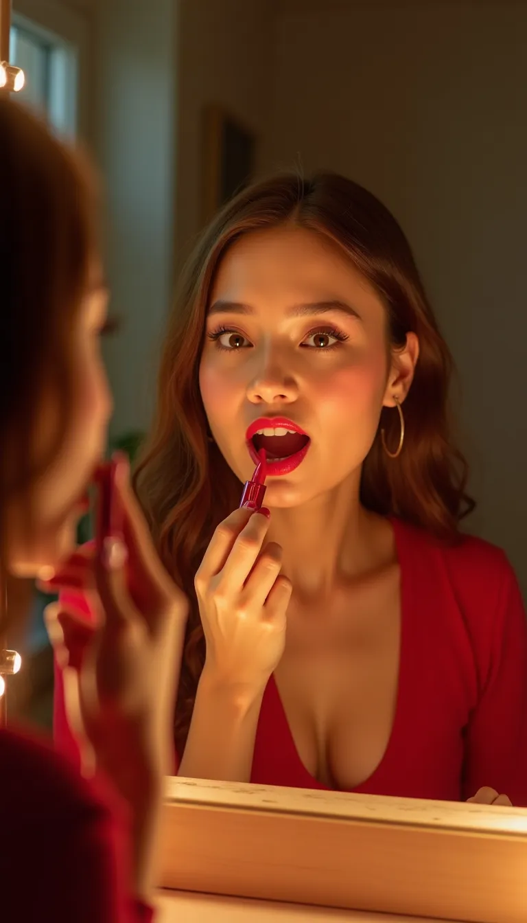 Young Woman Applying Bold Red Lipstick