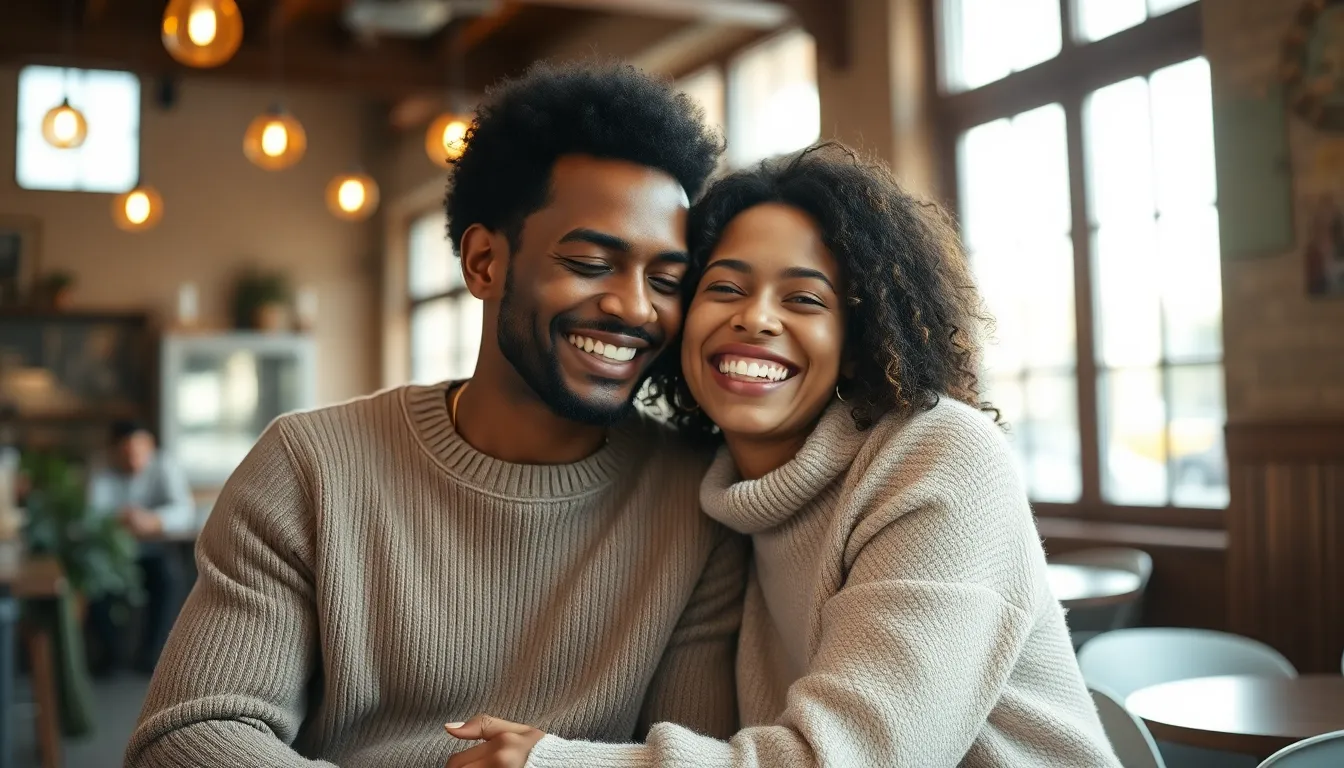 A diverse couple is captured laughing in a cozy café setting, with natural light illuminating their faces. The warm colors and soft focus create an intimate atmosphere, making the viewer feel a part of their joyful moment. Their casual, cozy outfits add to the warm and inviting feel of the image. The blurred background emphasizes their connection in this candid shot.