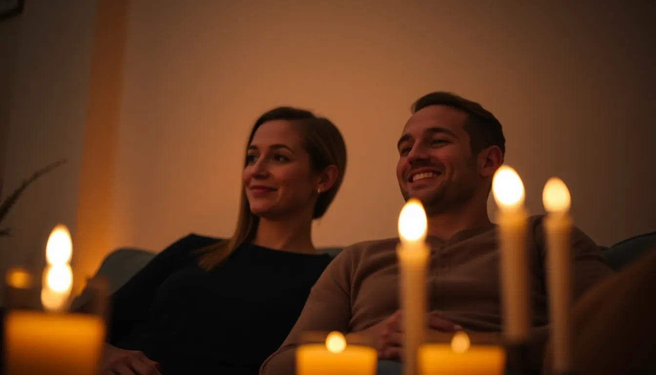 A couple shares a quiet, intimate evening at home, surrounded by the soft glow of candlelight. The warm ambiance creates a serene atmosphere as shadows dance on the walls, enhancing their closeness. The couple's affectionate expressions and cozy attire add to the inviting feel of the image. With a shallow depth of field, the focus is on their connection and shared moment, making it a perfect representation of love and togetherness.