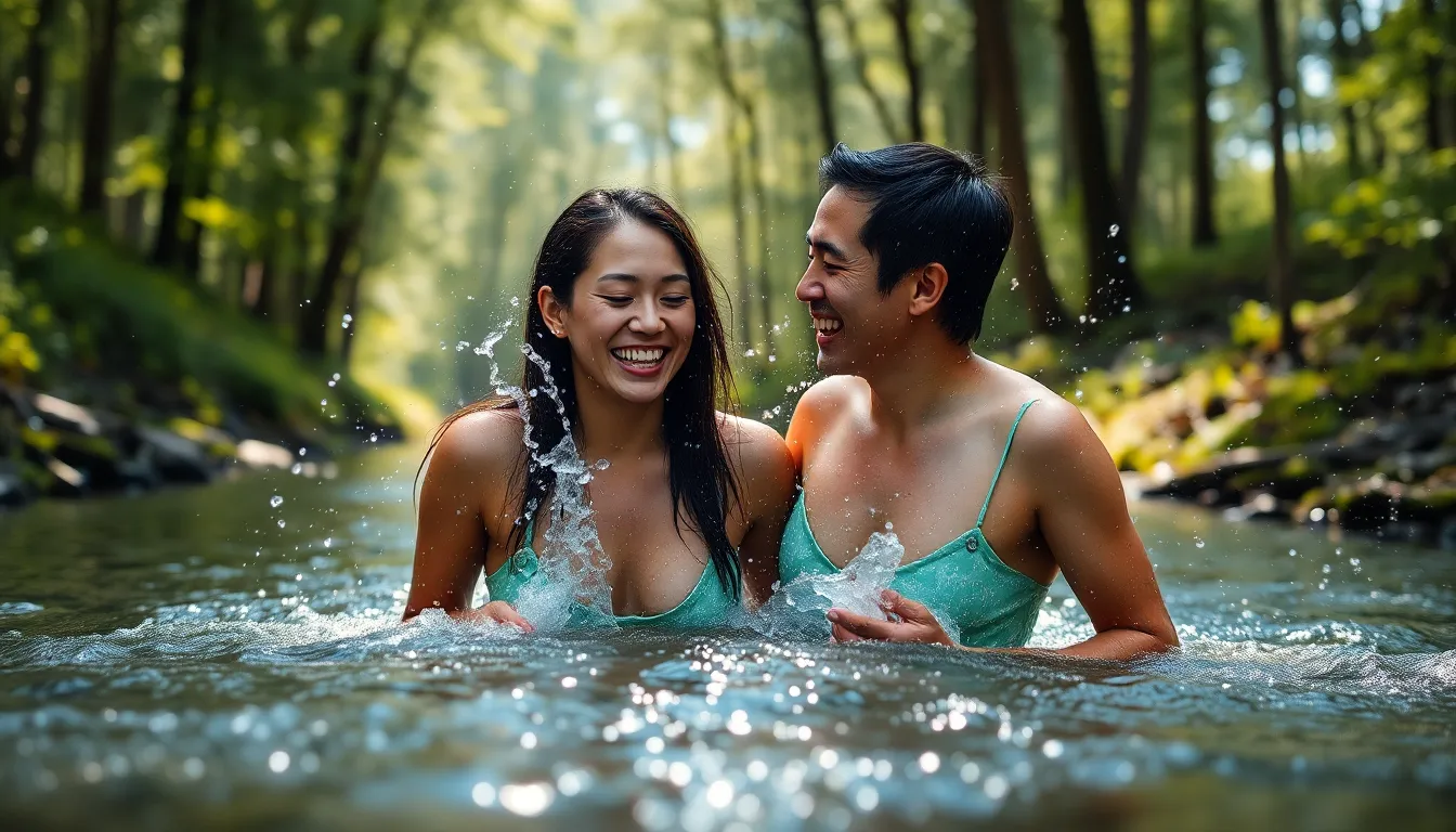 A couple enjoys a playful moment splashing water at each other in a serene forest stream, surrounded by lush greenery. Soft morning light filters through the trees, illuminating their laughter and joy, while the vibrant colors of the water and foliage enhance the scene. The selective focus captures their expressions beautifully, with the blurred background providing a dreamy, enchanting setting that celebrates love and playfulness.