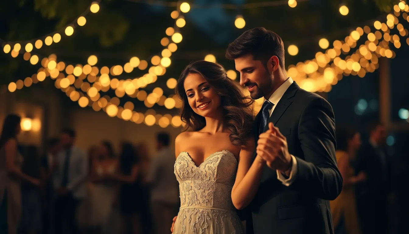 An elegant couple dances under a canopy of fairy lights at an outdoor soirée, creating a romantic and enchanting atmosphere. The soft glow of the lights illuminates their joyful expressions, enhancing the intimate mood of the evening. The warm golden tones envelop the scene, while the blurred background adds a dreamy effect, highlighting the couple's graceful movements. This captivating moment encapsulates the beauty of love and celebration.