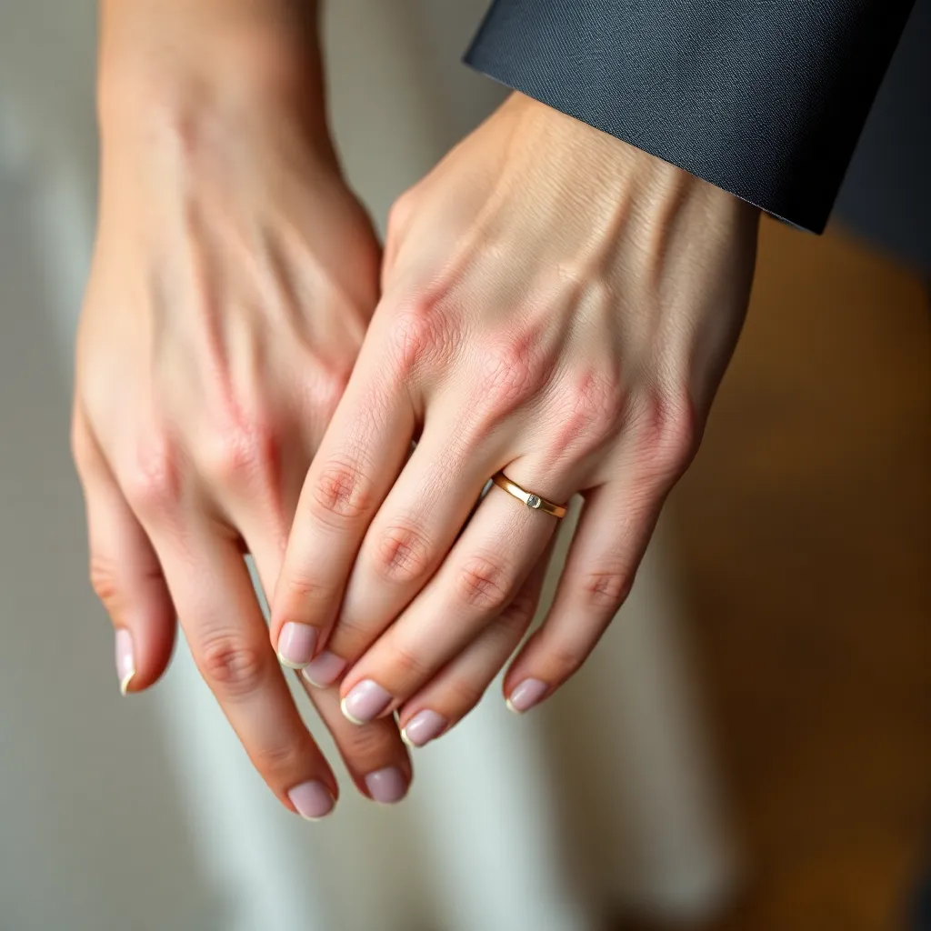 This intimate photograph highlights the warm connection between a couple through a close-up of their intertwined hands. The soft, diffused lighting enhances the natural skin tones while revealing the delicate details of their skin. The image beautifully conveys love and commitment, focusing on their wedding bands which symbolize their bond.