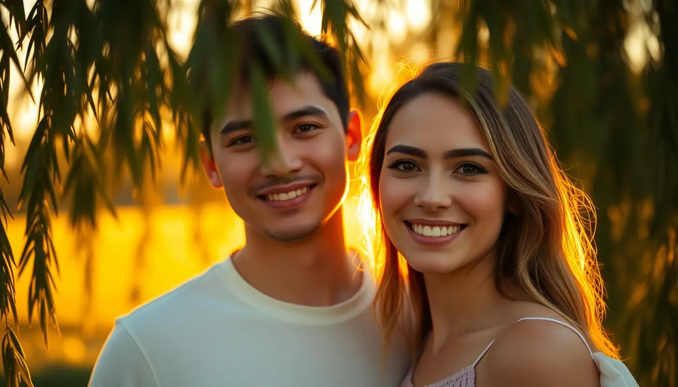 Romantic Couple Under Willow Tree This enchanting image captures a couple embracing beneath a willow tree during golden hour. Dappled light filters through the leaves, creating a soft, dreamlike atmosphere. Their warm skin tones and pastel clothing complement the natural setting, evoking a sense of intimacy and serenity. The composition centers the couple, drawing the viewer's eye to their joyous expressions and connection.