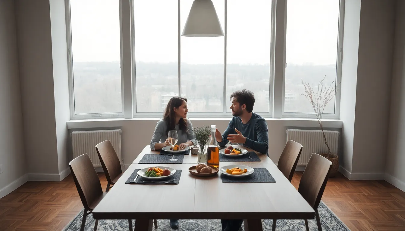 In a minimalist dining space, a couple sits at a modern white table, engaged in a heartfelt conversation over a shared meal. The overcast daylight gently illuminates the setting through large glass windows, creating a serene atmosphere. The soft, desaturated colors emphasize the intimacy of the moment as they gaze into each other's eyes, underscoring their connection. The balanced composition enhances the harmonious vibe of shared dining.