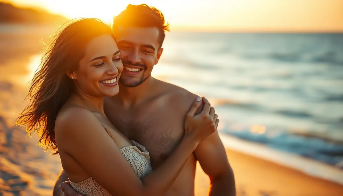 A joyful couple embraces on a sandy beach during golden hour, basking in the warm glow of the setting sun. With gentle waves in the background and soft light creating a harmonious atmosphere, the scene captures their love and connection. The vibrant colors of the ocean and sand add depth to the photograph, while the couple's relaxed poses evoke a sense of serenity and intimacy.