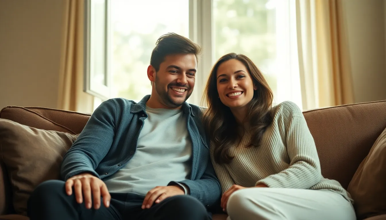 This image showcases a couple enjoying a playful moment indoors, captured in soft daylight. The warm muted tones create a cozy atmosphere, while the shallow depth of field draws focus to their expressions. One partner affectionately ruffles the other's hair, highlighting the intimacy of the moment. The texture of the plush sofa and soft shadows enhance the overall warmth of the scene.