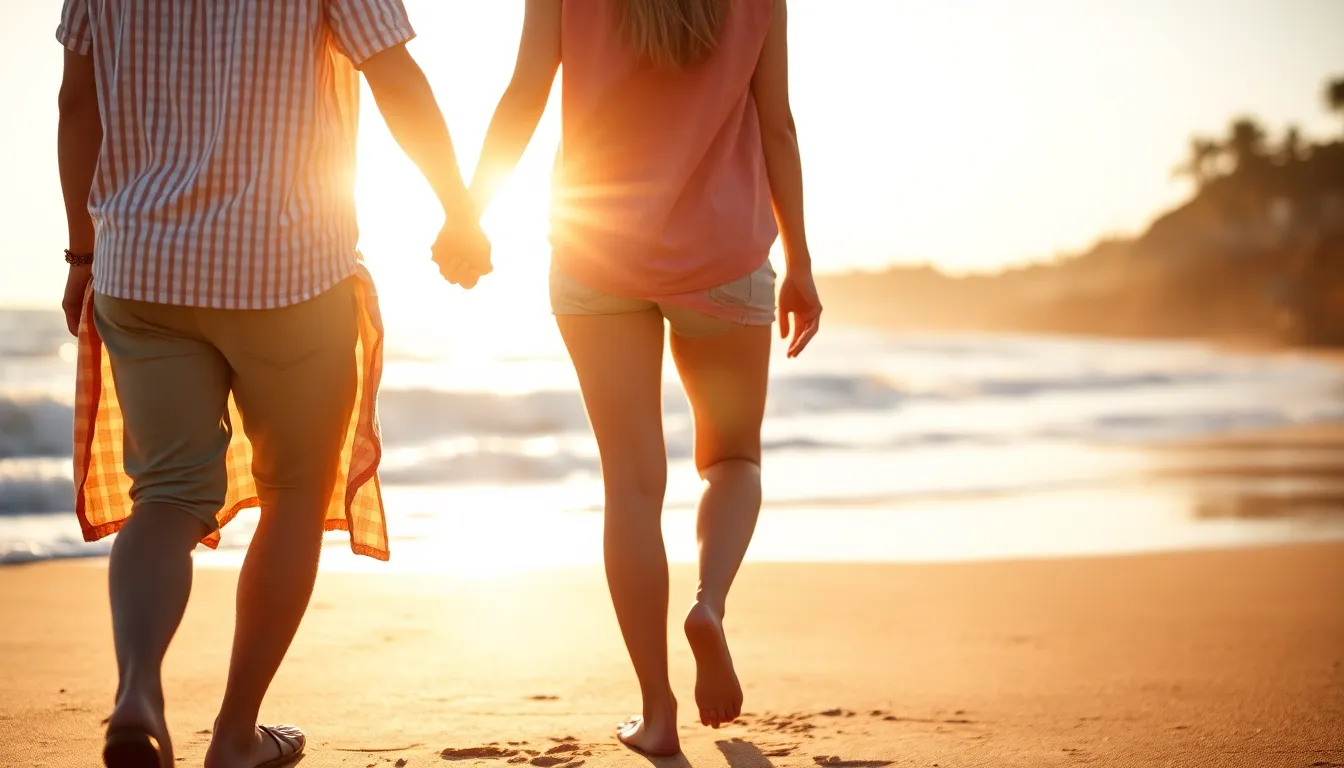 Couple Walking on a Beach at Sunset In this romantic beach setting, a couple strolls hand in hand along the shore during a breathtaking golden hour. The soft glow of sunlight backlights them, creating an ethereal atmosphere as gentle waves lap at their feet. Their clothing features light, airy fabrics that contribute to the relaxed mood. The sandy beach foreground fades into a dreamy bokeh, emphasizing the joyful connection between the pair amidst serene pastel hues.