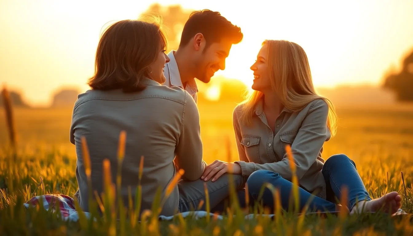 This heartwarming scene captures a couple enjoying a joyful moment on a picnic blanket in a sunlit field during golden hour. Their relaxed attire and genuine smiles evoke a sense of warmth and intimacy, enhanced by the soft, glowing light. The use of shallow depth of field beautifully isolates them from the dreamy backdrop of a glowing sunset sky and dew-kissed grass.