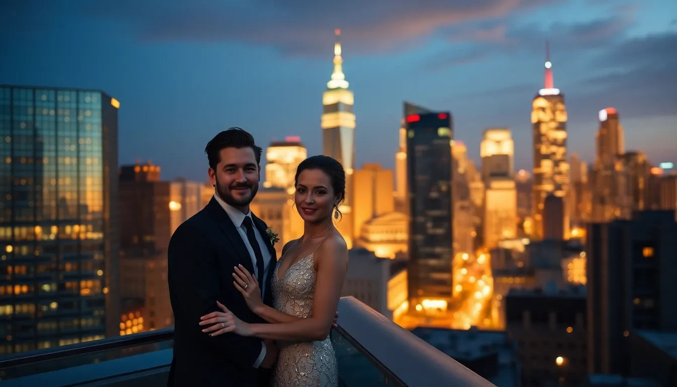 This striking image showcases a couple posing elegantly on a city rooftop during dusk. The sparkling skyline serves as a dramatic backdrop, accentuated by the soft golden hour light reflecting off glass buildings. They are captured in a moment of connection and style, exuding sophistication against the urban landscape. The balance of colors creates an alluring harmony, making this image a perfect representation of modern romance.