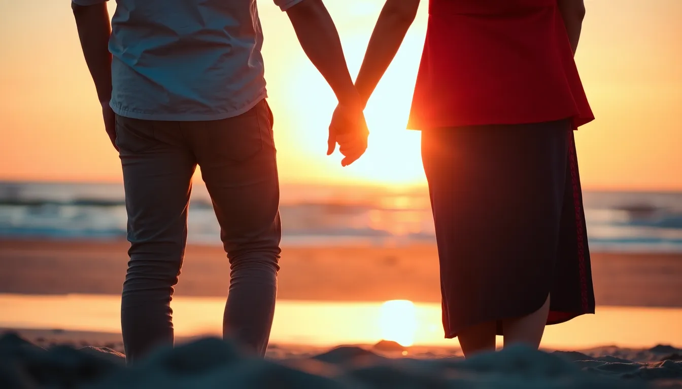 This stunning image captures a couple standing hand-in-hand on a beach during a vibrant sunset. The silhouettes are accentuated by the golden hour's warm backlighting, creating a romantic and dramatic atmosphere. The subtle teal and orange tones add to the cinematic feel while the textural elements of sand and waves enrich the scene. The focus on their intertwined hands signifies connection and intimacy, making it a perfect representation of love.