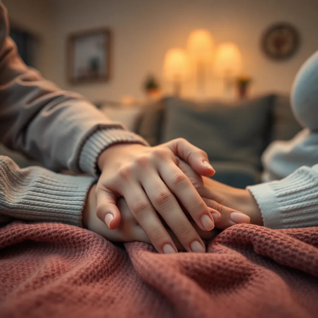 An intimate close-up of a couple’s hands intertwined on a cozy blanket evokes feelings of warmth and connection. The soft glow of warm lights enhances the tender moment, while the shallow depth of field focuses on the delicate textures of their hands and the blanket. This heartfelt image beautifully captures the essence of love and intimacy in a home setting.