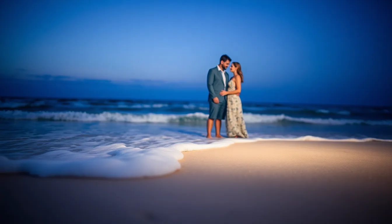 Captured during twilight, this beautiful image features a couple standing on a sandy beach, surrounded by gentle waves. The soft blue hues of the sky evoke a sense of calm, while the vibrant colors highlight the couple's love and connection. Their intimate embrace reflects a serene moment, perfectly framed by the symmetry of the scene. The texture of the sandy surface underfoot adds depth to this dreamy coastal atmosphere.