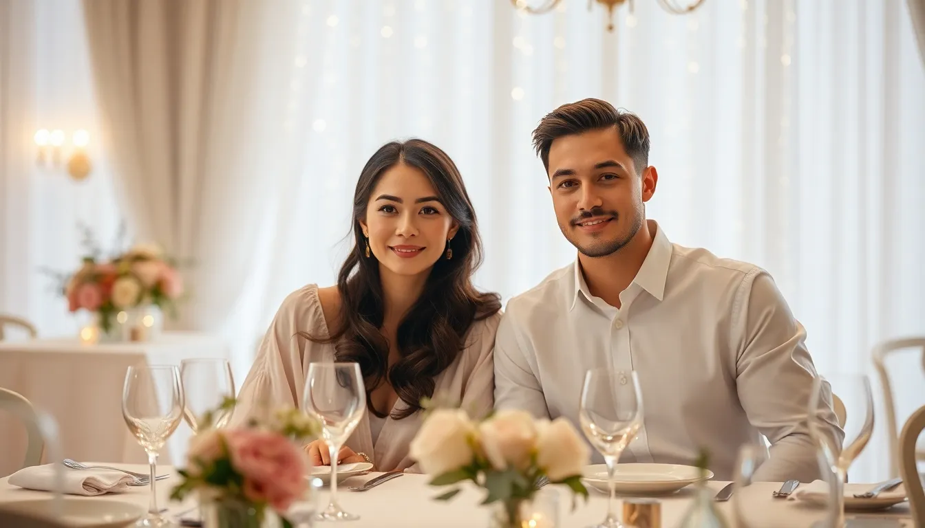 A beautifully arranged dining scene showcases a couple enjoying a romantic dinner together. The butterfly lighting highlights their features, creating enchanting catchlights in their eyes. The soft pastel tones of their attire complement the sophisticated table setting, adorned with delicate flowers and elegant dinnerware. Every texture, from the linens to the glassware, exudes a sense of intimacy and elegance, making this image perfect for capturing romantic moments.